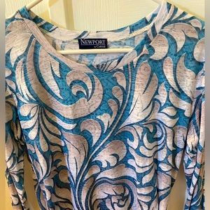 Newport by Carine, medium, 3/4 sleeve, teal, cream & gray tones
